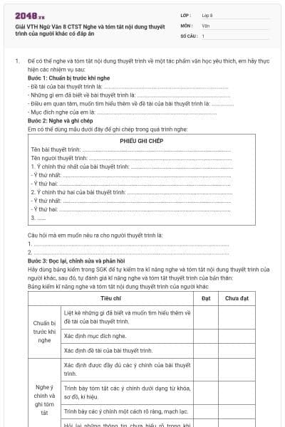 Giải VTH Ngữ Văn 8 CTST Nghe và tóm tắt nội dung thuyết trình của người khác có đáp án