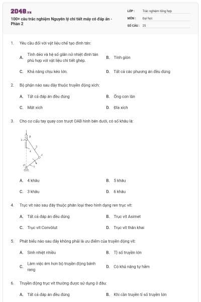 100+ câu trắc nghiệm Nguyên lý chi tiết máy có đáp án - Phần 2