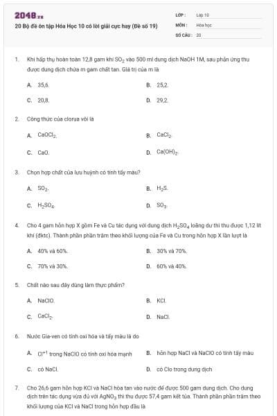 20 Bộ đề ôn tập Hóa Học 10 có lời giải cực hay (Đề số 19)