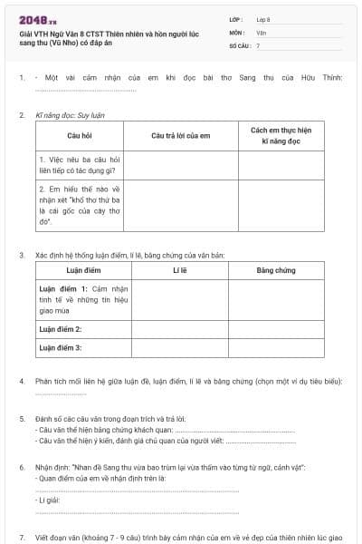Giải VTH Ngữ Văn 8 CTST Thiên nhiên và hồn người lúc sang thu (Vũ Nho) có đáp án