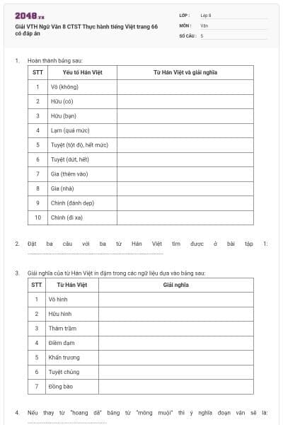 Giải VTH Ngữ Văn 8 CTST Thực hành tiếng Việt trang 66 có đáp án