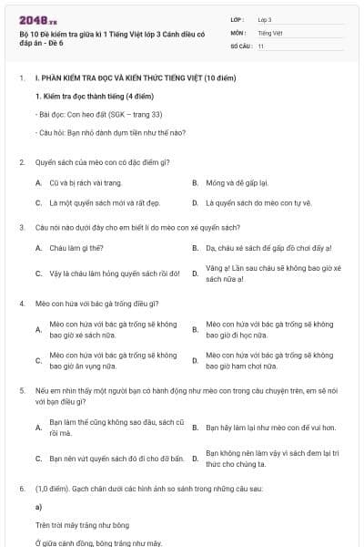 Bộ 10 Đề kiểm tra giữa kì 1 Tiếng Việt lớp 3 Cánh diều có đáp án - Đề 6