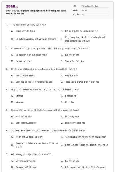 200+ Câu trắc nghiệm Công nghệ sinh học trong hóa dược có đáp án - Phần 1