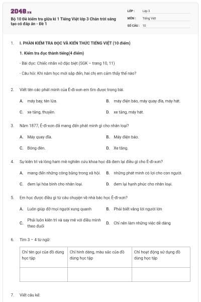 Bộ 10 Đề kiểm tra giữa kì 1 Tiếng Việt lớp 3 Chân trời sáng tạo có đáp án - Đề 1