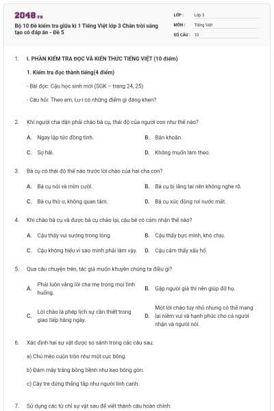 Bộ 10 Đề kiểm tra giữa kì 1 Tiếng Việt lớp 3 Chân trời sáng tạo có đáp án - Đề 5