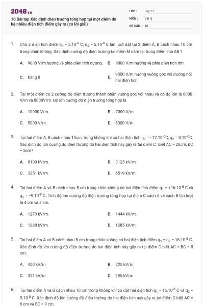 10 Bài tập Xác định điện trường tổng hợp tại một điểm do hệ nhiều điện tích điểm gây ra (có lời giải)