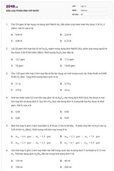 KIM LOẠI PHẢN ỨNG VỚI NƯỚC