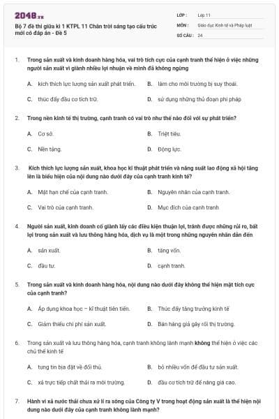 Bộ 7 đề thi giữa kì 1 KTPL 11 Chân trời sáng tạo cấu trúc mới có đáp án - Đề 5