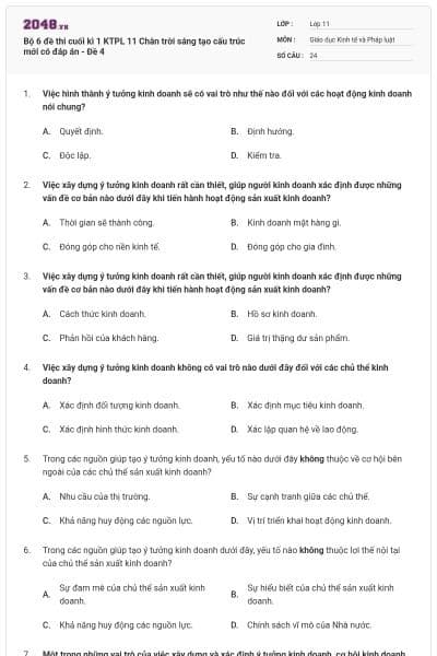 Bộ 6 đề thi cuối kì 1 KTPL 11 Chân trời sáng tạo cấu trúc mới có đáp án - Đề 4