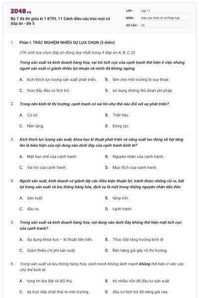 Bộ 7 đề thi giữa kì 1 KTPL 11 Cánh diều cấu trúc mới có đáp án - Đề 5