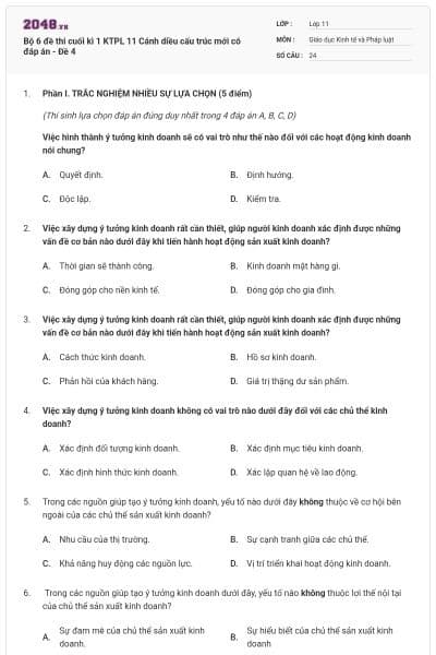 Bộ 6 đề thi cuối kì 1 KTPL 11 Cánh diều cấu trúc mới có đáp án - Đề 4