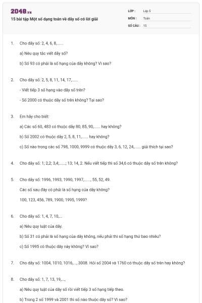 15 bài tập Một số dạng toán về dãy số có lời giải