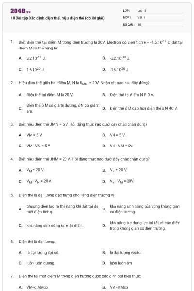 10 Bài tập Xác định điện thế, hiệu điện thế (có lời giải)