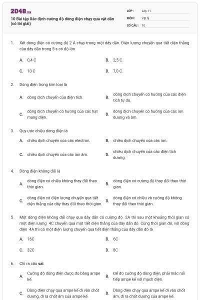 10 Bài tập Xác định cường độ dòng điện chạy qua vật dẫn (có lời giải)