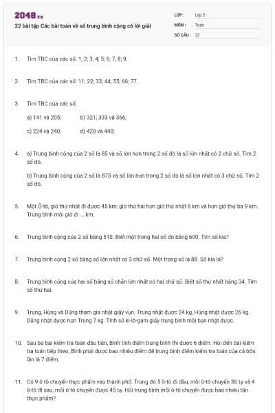 22 bài tập Các bài toán về số trung bình cộng có lời giải