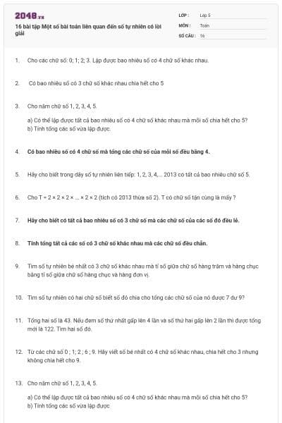 16 bài tập Một số bài toán liên quan đến số tự nhiên có lời giải