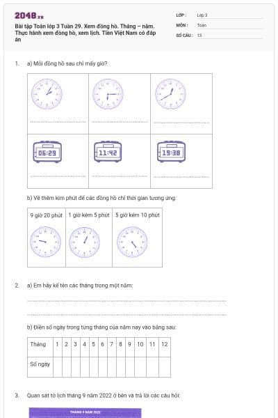 Bài tập Toán lớp 3 Tuần 29. Xem đồng hồ. Tháng – năm. Thực hành xem đồng hồ, xem lịch. Tiền Việt Nam có đáp án