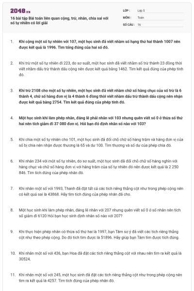 16 bài tập Bài toán liên quan cộng, trừ, nhân, chia sai với số tự nhiên có lời giải