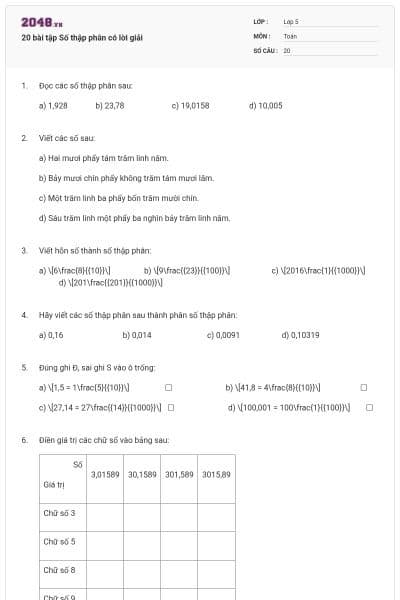 20 bài tập Số thập phân có lời giải