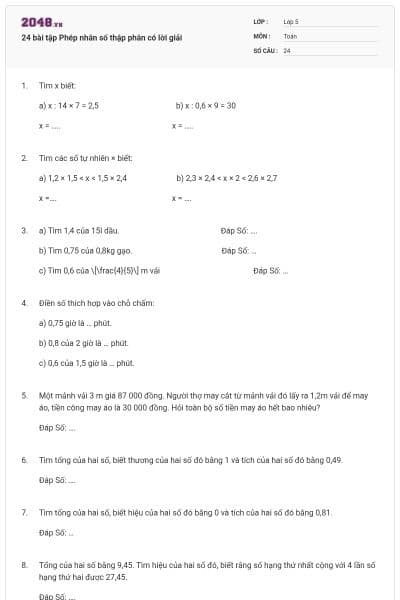 24 bài tập Phép nhân số thập phân có lời giải