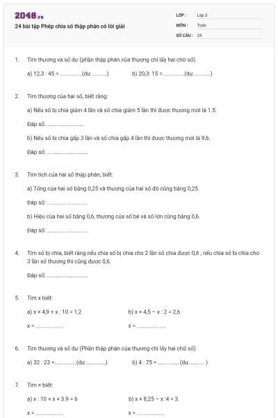 24 bài tập Phép chia số thập phân có lời giải