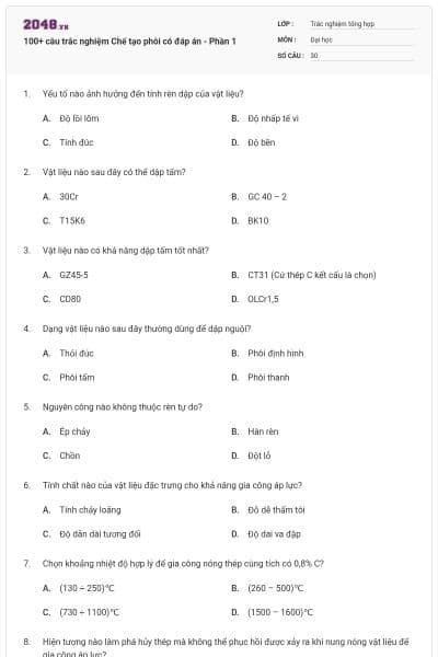 100+ câu trắc nghiệm Chế tạo phôi có đáp án - Phần 1