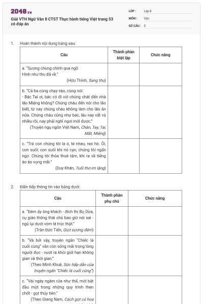 Giải VTH Ngữ Văn 8 CTST Thực hành tiếng Việt trang 53 có đáp án