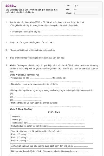 Giải VTH Ngữ Văn 8 CTST Viết bài văn giới thiệu về một cuốn sách yêu thích có đáp án