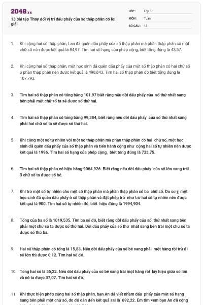 13 bài tập Thay đổi vị trí dấu phẩy của số thập phân có lời giải