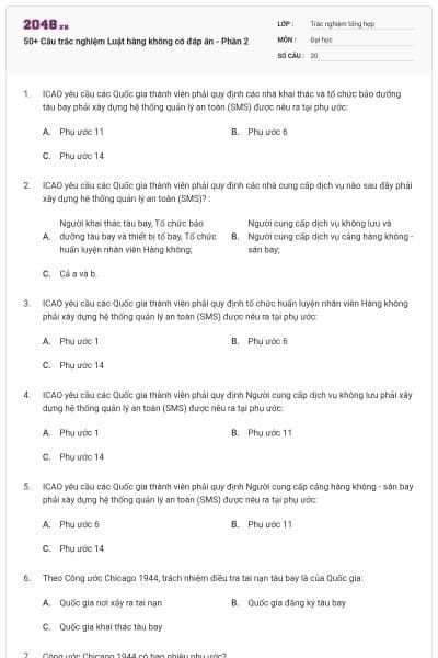 50+ Câu trắc nghiệm Luật hàng không có đáp án - Phần 2