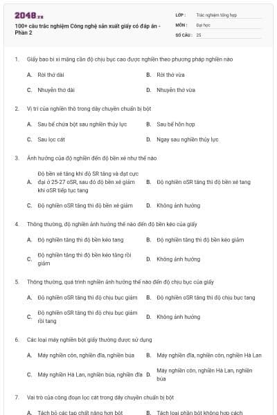 100+ câu trắc nghiệm Công nghệ sản xuất giấy có đáp án - Phần 2