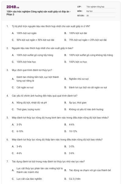 100+ câu trắc nghiệm Công nghệ sản xuất giấy có đáp án - Phần 3