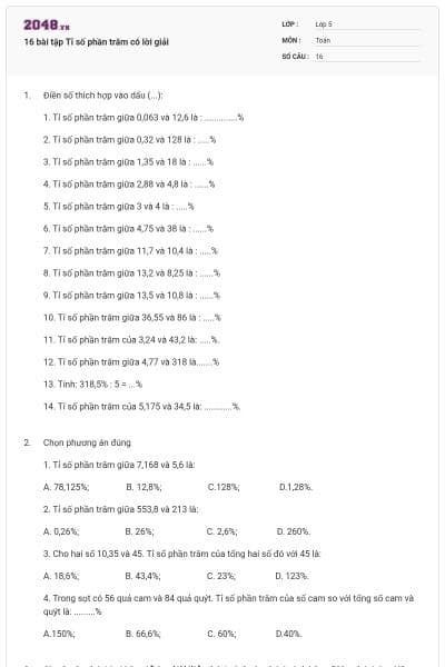 16 bài tập Tỉ số phần trăm có lời giải