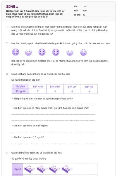 Bài tập Toán lớp 3 Tuần 33. Khả năng xảy ra của một sự kiện. Thực hành và trải nghiệm thu thập, phân loại, ghi chép số liệu, đọc bảng số liệu có đáp án