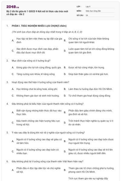 Bộ 2 đề thi giữa kì 1 GDCD 9 Kết nối tri thức cấu trúc mới có đáp án - Đề 2