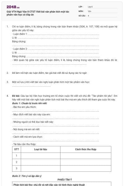 Giải VTH Ngữ Văn 8 CTST Viết bài văn phân tích một tác phẩm văn học có đáp án