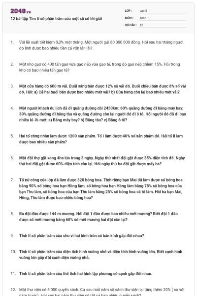12 bài tập Tìm tỉ số phần trăm của một số có lời giải