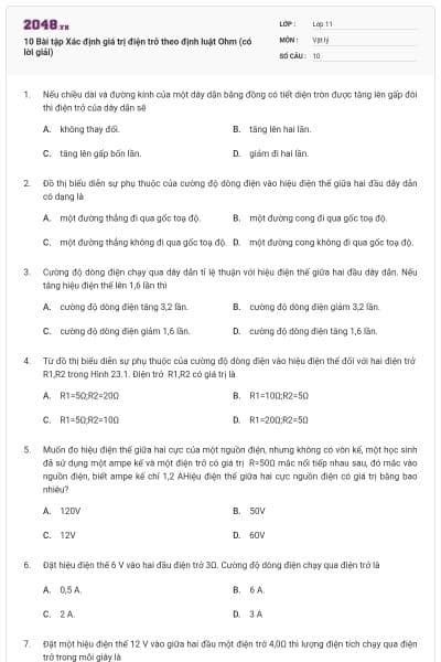 10 Bài tập Xác định giá trị điện trở theo định luật Ohm (có lời giải)