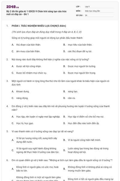 Bộ 2 đề thi giữa kì 1 GDCD 9 Chân trời sáng tạo cấu trúc mới có đáp án - Đề 1