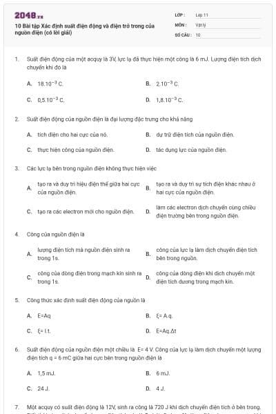 10 Bài tập Xác định suất điện động và điện trở trong của nguồn điện (có lời giải)