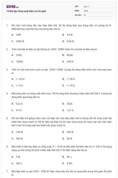 10 Bài tập Công suất điện (có lời giải)