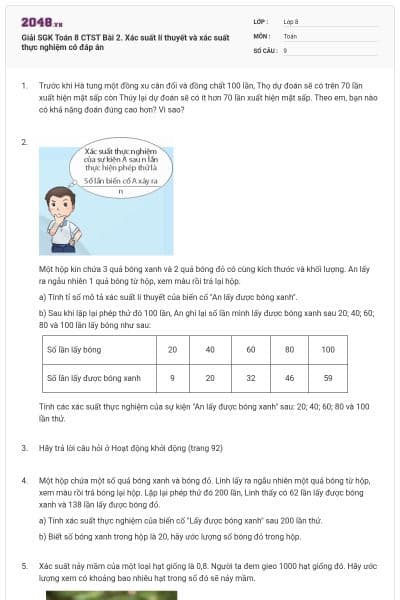 Giải SGK Toán 8 CTST Bài 2. Xác suất lí thuyết và xác suất thực nghiệm có đáp án