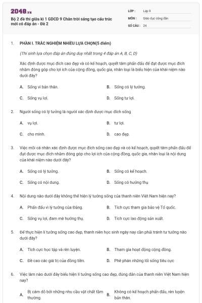 Bộ 2 đề thi giữa kì 1 GDCD 9 Chân trời sáng tạo cấu trúc mới có đáp án - Đề 2