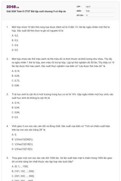 Giải SGK Toán 8 CTST Bài tập cuối chương 9 có đáp án