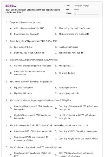 200+ Câu trắc nghiệm Công nghệ sinh học trong hóa dược có đáp án - Phần 6