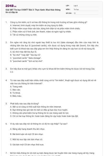 Giải SBT Tin học 8 KNTT Bài 3: Thực hành: Khai thác thông tin có đáp án