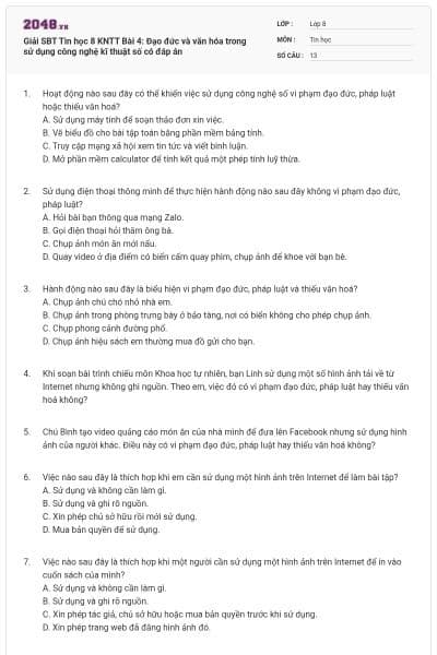 Giải SBT Tin học 8 KNTT Bài 4: Đạo đức và văn hóa trong sử dụng công nghệ kĩ thuật số có đáp án