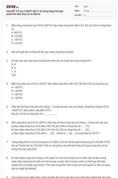 Giải SBT Tin học 8 KNTT Bài 5: Sử dụng bảng tính giải quyết bài toán thực tế có đáp án