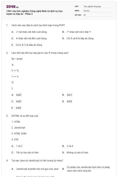 100+ câu trắc nghiệm Công nghệ Web và dịch vụ trực tuyến có đáp án - Phần 2