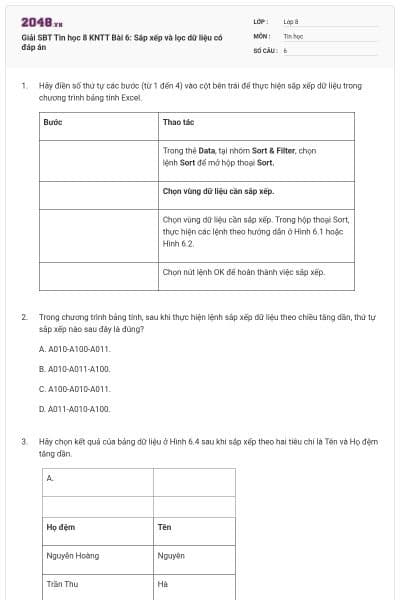Giải SBT Tin học 8 KNTT Bài 6: Sắp xếp và lọc dữ liệu có đáp án